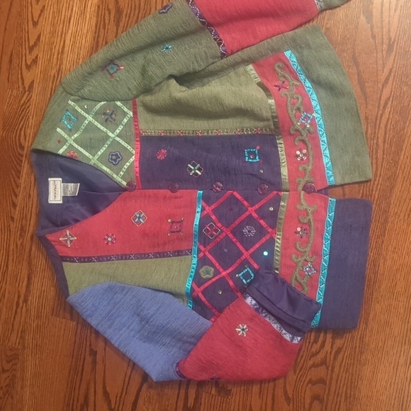 Vtg 90s patchwork Boho embellished Sage/ Fuschia/ button front boxy jacket sz M - Picture 5 of 13